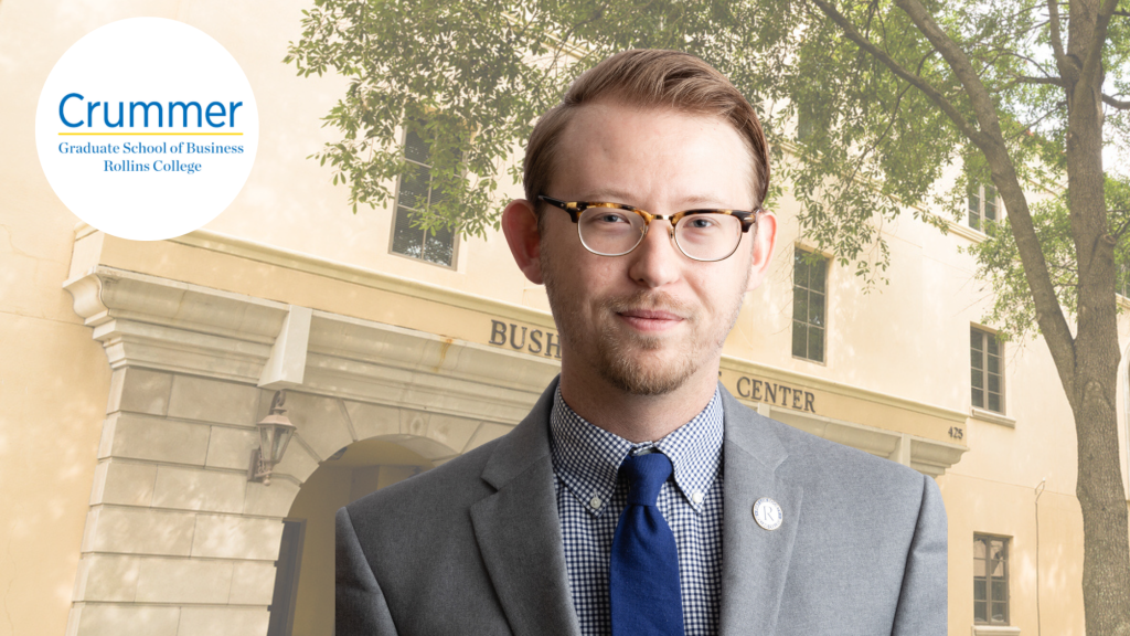 zack poe in front of crummer hall